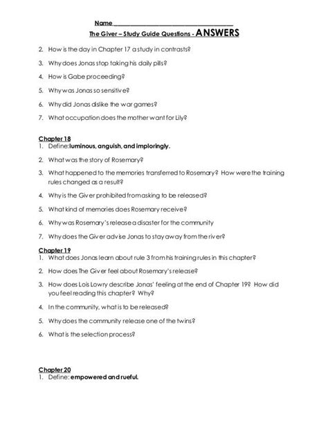 Giver Study Guide Questions And Answers PDF