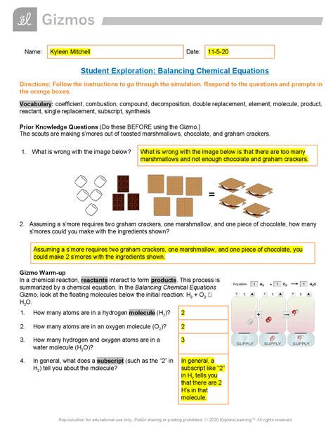 Gizmo Answer Key Balancing Chemical Equations Pdf Reader