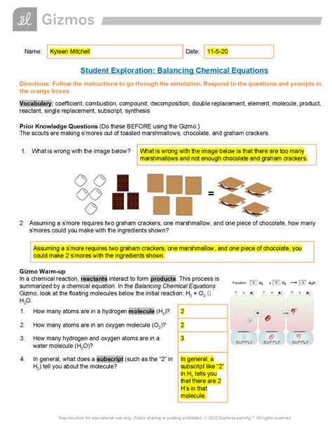 Gizmo Answer Key Chemical Equations Reader