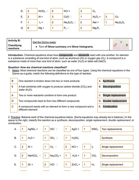 Gizmo Answer Key Chemical Equations Reader