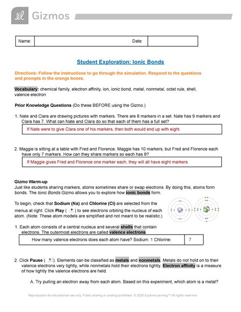 Gizmo Answer Key Student Exploration Ionic Bonds Kindle Editon