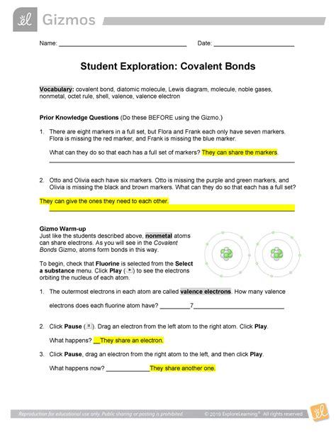 Gizmo Covalent Bonds Answer Key Doc