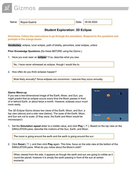 Gizmo Eclipse Answer Sheet PDF