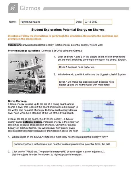 Gizmo Explorelearning Potential Energy On Shelves Answer Key Kindle Editon