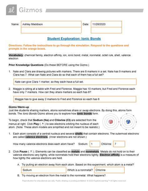 Gizmo Ionic Bonds Answers Doc