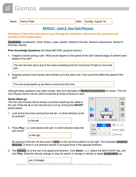 Gizmo Lab Fan Cart Physics Answer Key Doc