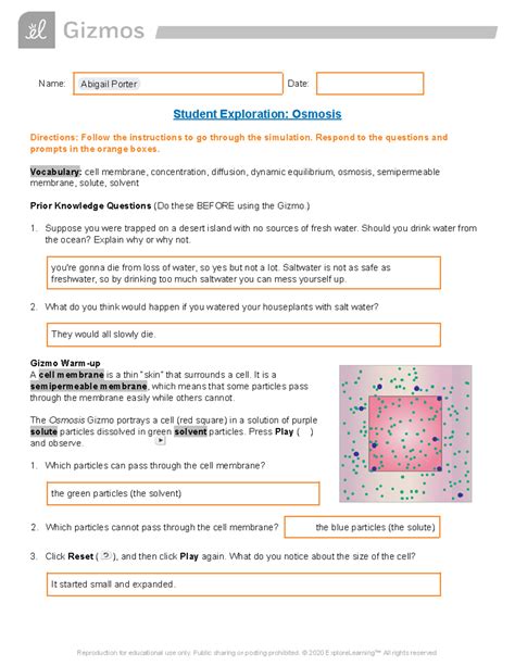 Gizmo Osmosis Answer Key Doc