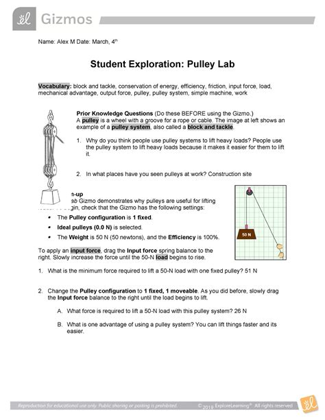 Gizmo Student Exploration Pulley Answers Doc