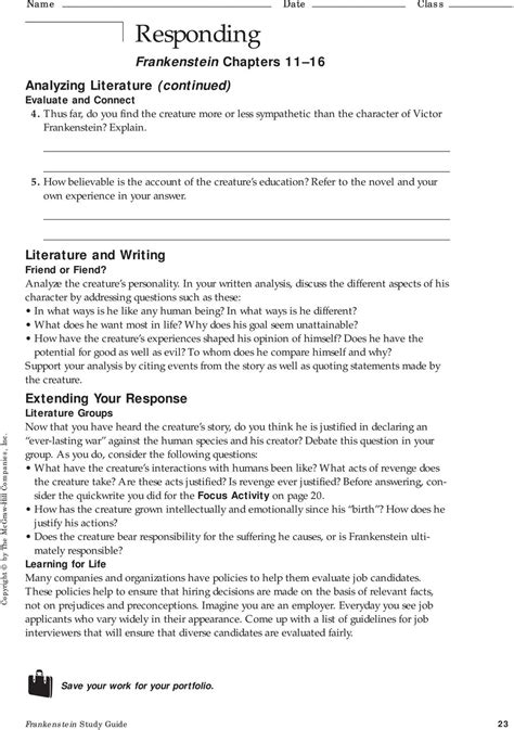 Glencoe Frankenstein Answer Key Reader