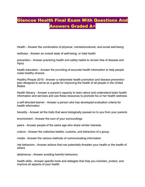 Glencoe Health Worksheet Answer Key PDF