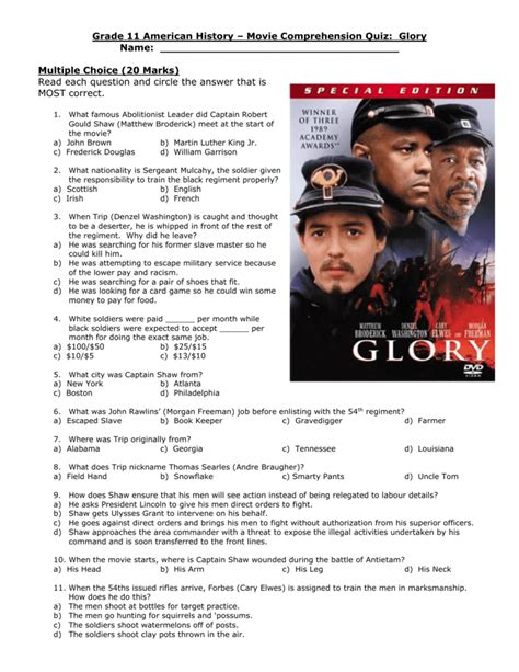 Glory Movie Questions Answers For Students Kindle Editon