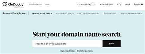 GoDaddy domain name availability search results