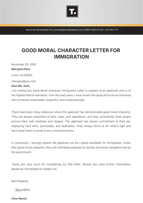 Good Moral Character Letter For Immigration Template
