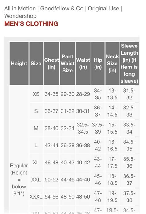Goodfellow Shirt Size Chart