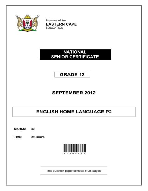 Grade 12 September 2012 English Home Language P2 Ebook PDF