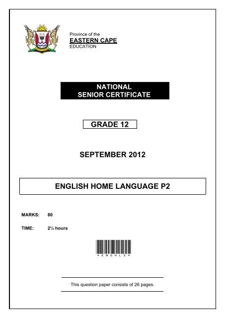 Grade 12 September 2012 English Home Language P2 Ebook PDF