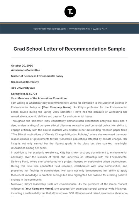 Graduate School Recommendation Letter Template