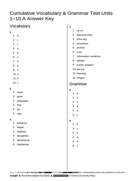 Grammar Cumulative Review Unit 1 Answer Key Reader