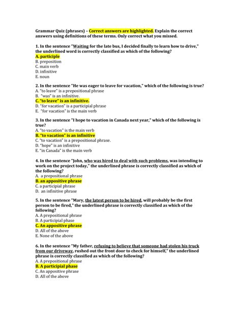 Grammar Quiz Phrases Correct Answers Are Highlighted Kindle Editon