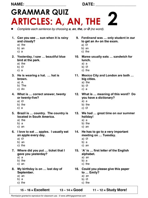 Grammar Test Articles Answer Sheet British Council Doc