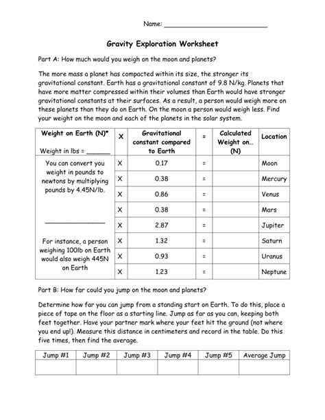 Gravity Exploration Worksheet Answers Reader