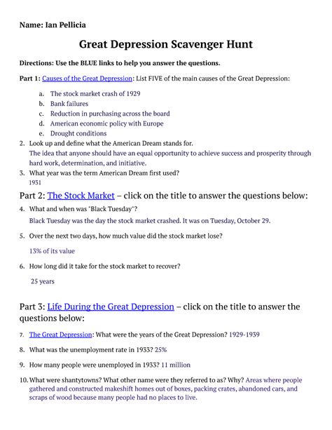 Great Depression Era Scavenger Hunt Answers Key PDF