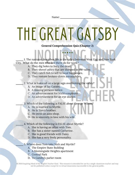 Great Gatsby Chapter Two Questions Answers Reader