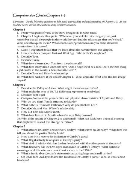 Great Gatsby Comprehension Check Questions Answers Doc