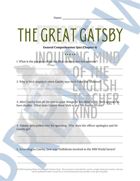 Great Gatsby Quiz And Answer Key Reader