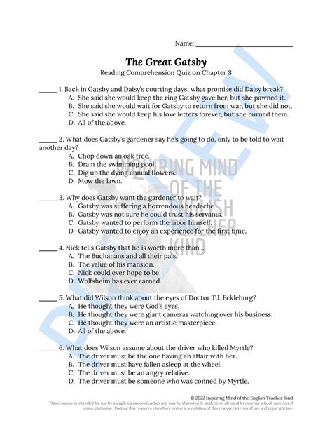 Great Gatsby Quiz Answer Key PDF