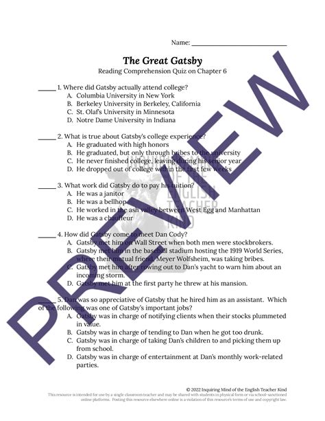 Great Gatsby Quiz With Answer Key PDF