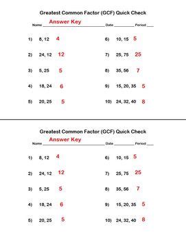 Greatest Common Factor Answer Key Epub