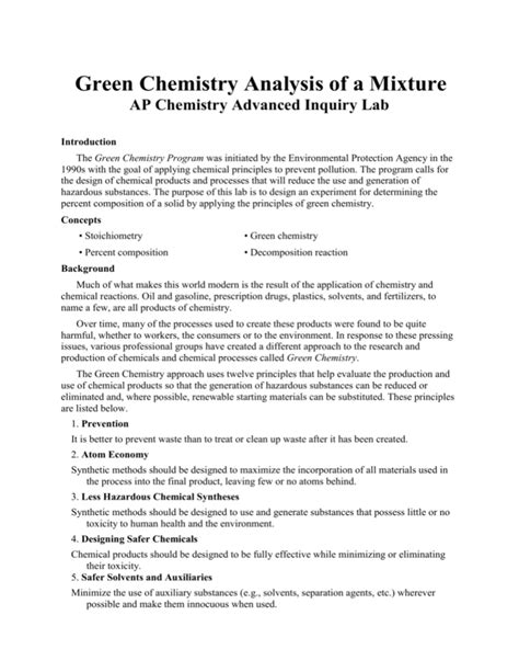 Green Chemistry Analysis Of A Mixture Key Ebook Reader