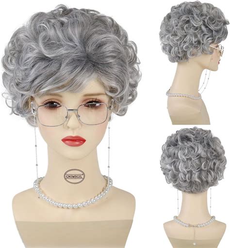 Grey Curly Wigs For Older Ladies Synthetic Layered 14" Shoulder Length Wigs