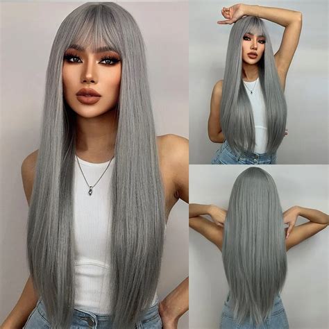 Grey Haired Wigs Synthetic With Bangs 18" Long Wigs