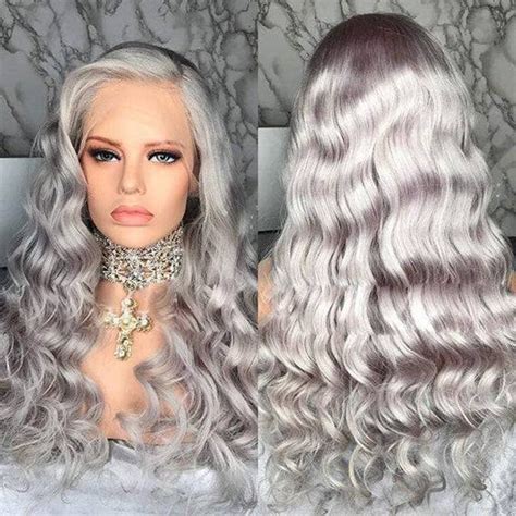 Grey Human Hair Wigs For Sale: 18" Wavy Long Lace Front Wigs