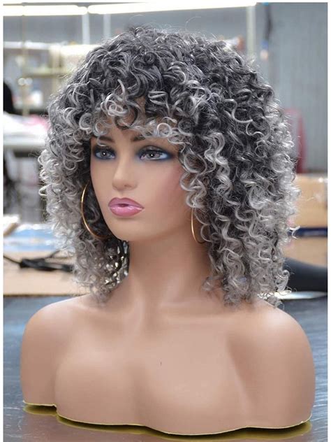 Grey Ombre Wig With Bangs 14" Wavy Synthetic Wigs