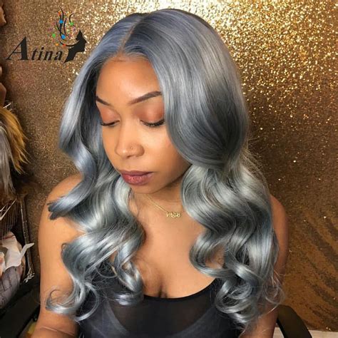 Grey Wavy Wig Remy Human Hair With Bangs 18" Long Wigs