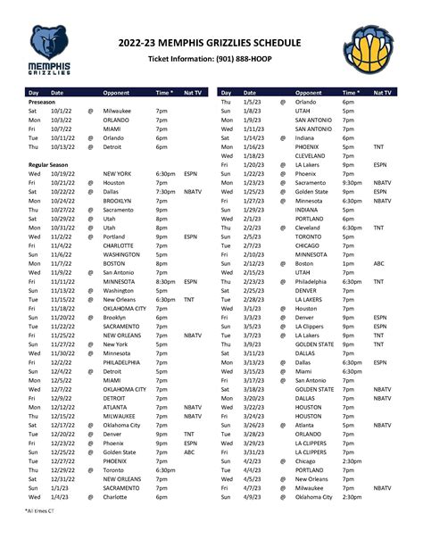 Grizzlies Printable Schedule