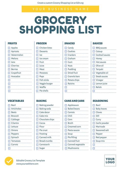Grocery List Categories Printable
