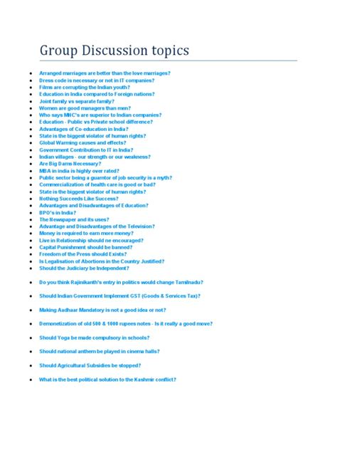 Group Discussion Topics With Answers For Bpo Doc