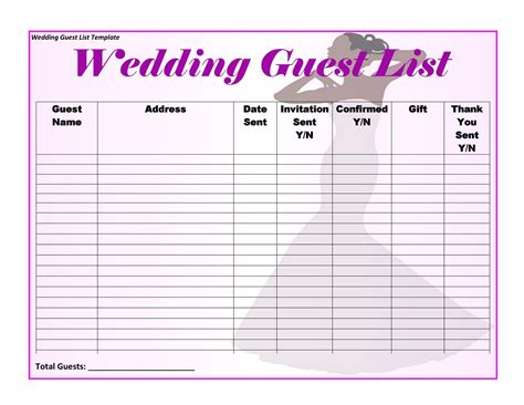 Guest List Template For Wedding