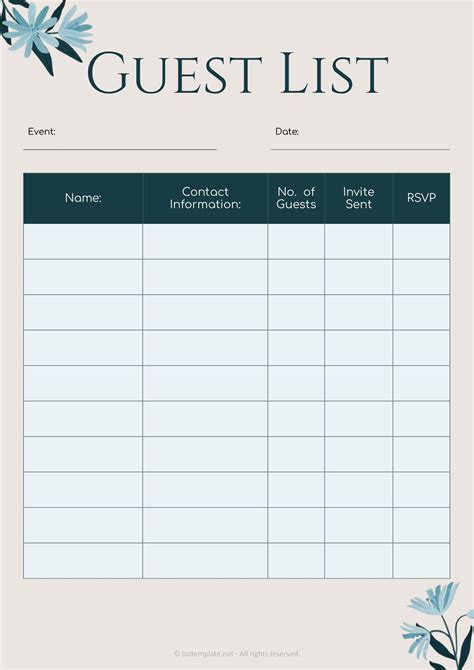 Guest List Template Word