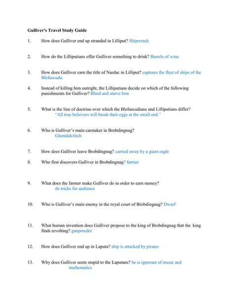 Gulliver Travels Study Guide Answers Reader