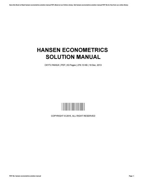 HANSEN ECONOMETRICS SOLUTION MANUAL Ebook Reader