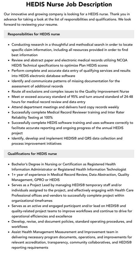 HEDIS Coordinator Job Description: Empowering Healthcare Quality and Patient Outcomes