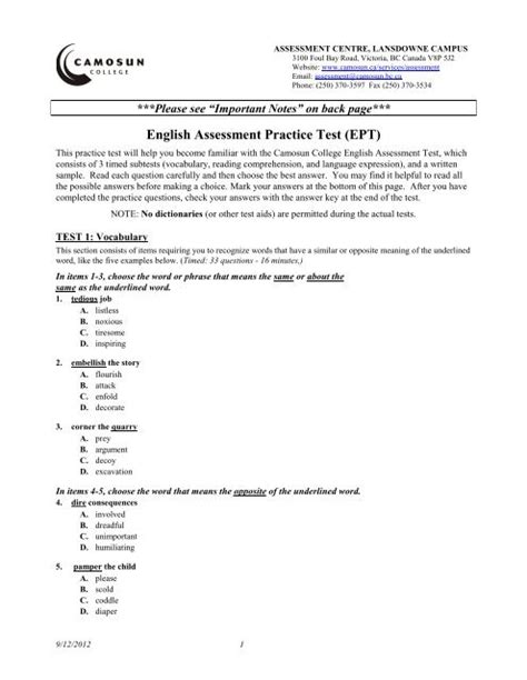 HUMBER COLLEGE ENGLISH ASSESSMENT TEST Ebook Reader