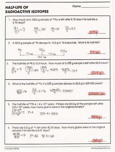 Half Life Calculations Worksheet Answers PDF