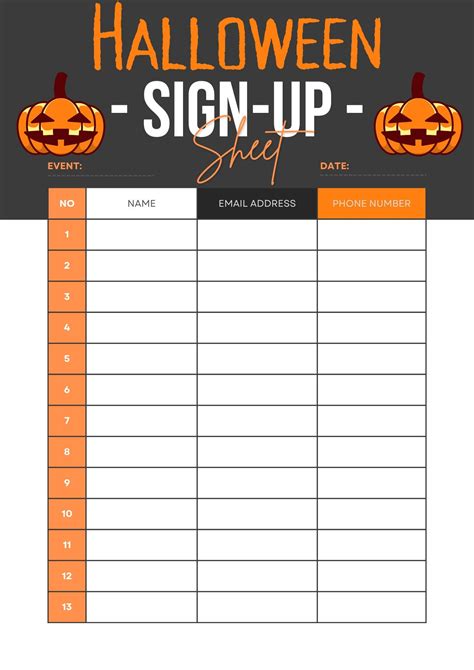 Halloween Party Sign Up Sheet Template Free