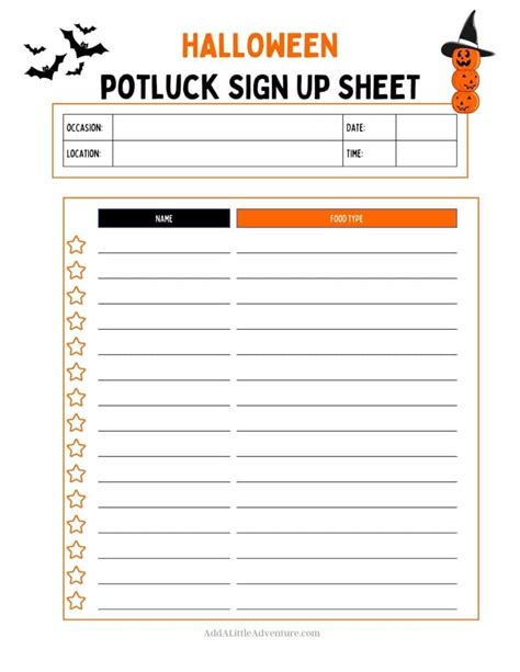 Halloween Potluck Sign Up Sheet Template Free Printable